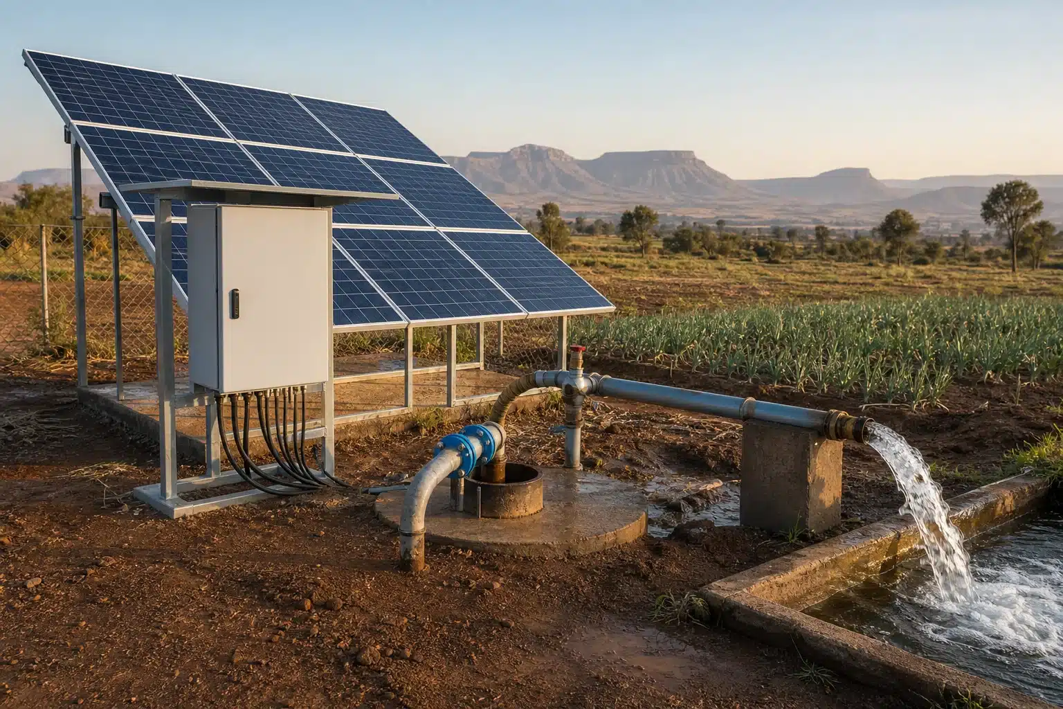 Ethiopian highland farm with an existing AC irrigation pump being solarized