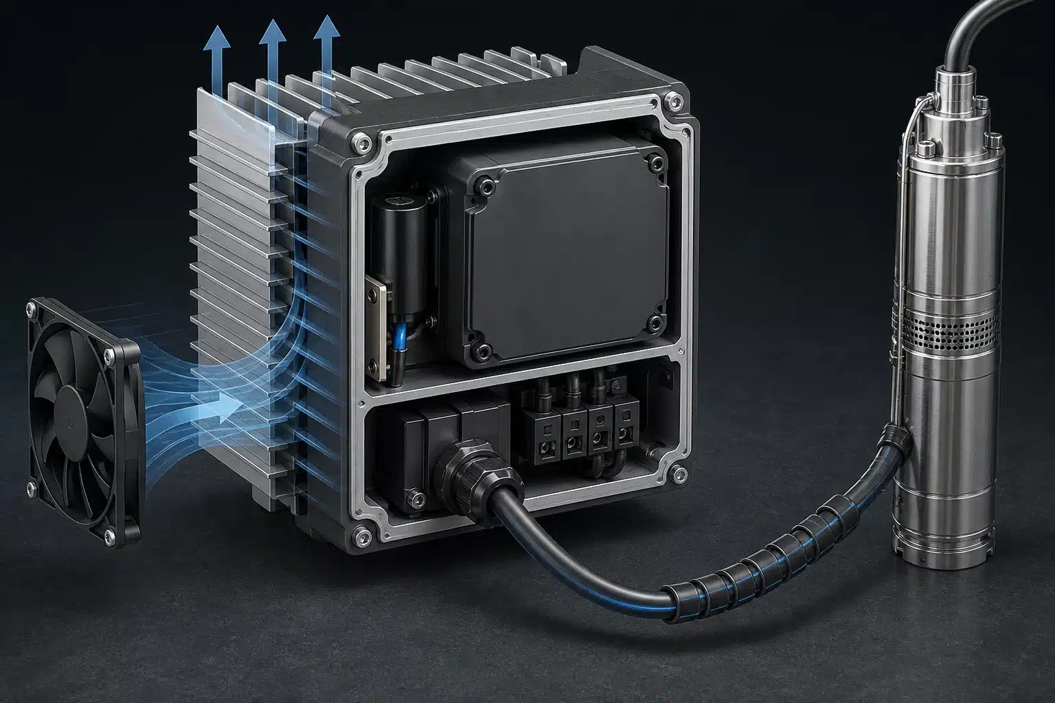 Sealed solar pump inverter with external fan, heat sinks and long cable protection